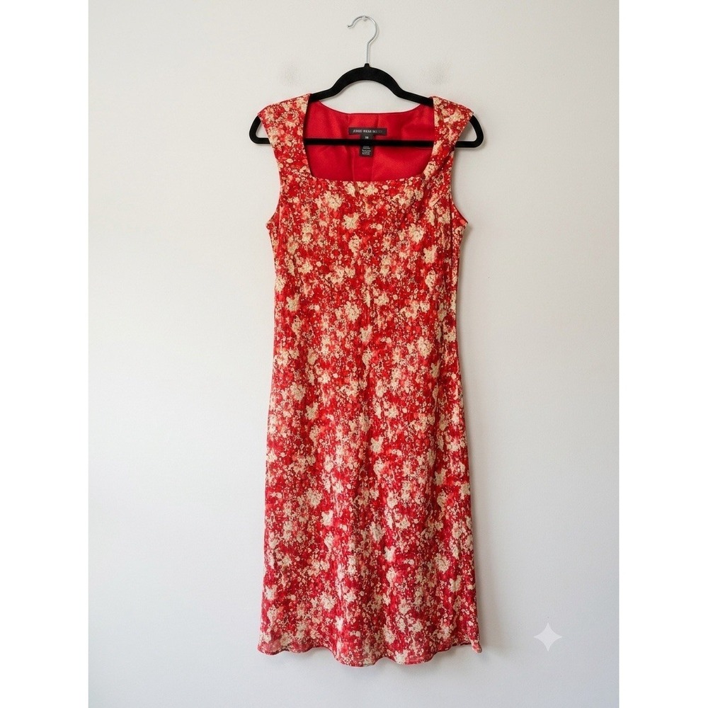 Vintage Jones Wear Dress 90s Slip Square Neck Red Floral Midi Dress Sz 10